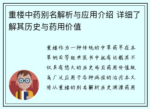 重楼中药别名解析与应用介绍 详细了解其历史与药用价值